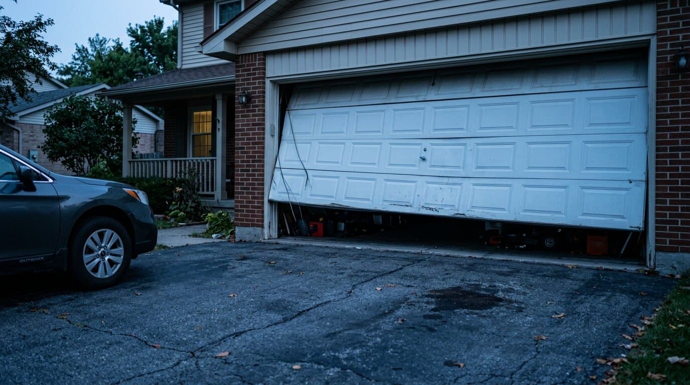 A garage door stuck partway open after a broken spring