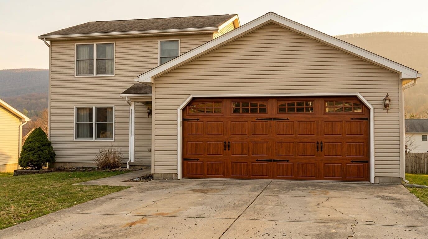 Mahogany carriage door replacing an old utility door in Palmerton