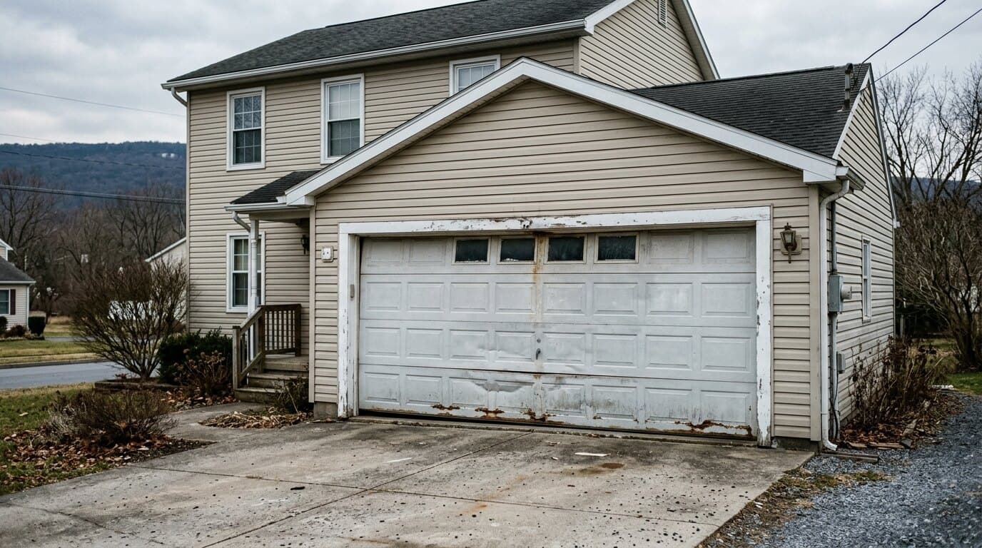 Before — A worn garage door replaced with a new mahogany carriage door on the same Carbon County home