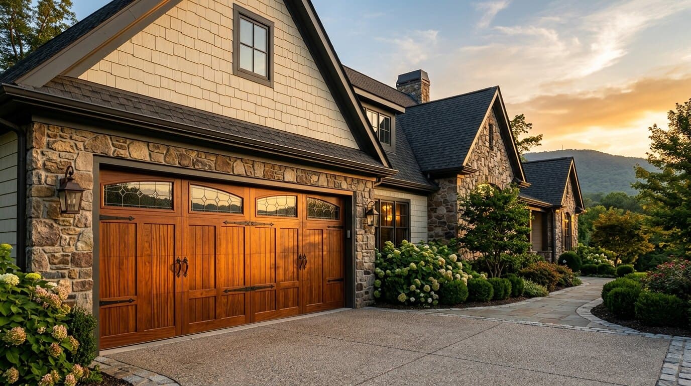 New mahogany carriage garage door at golden hour on a Carbon County home